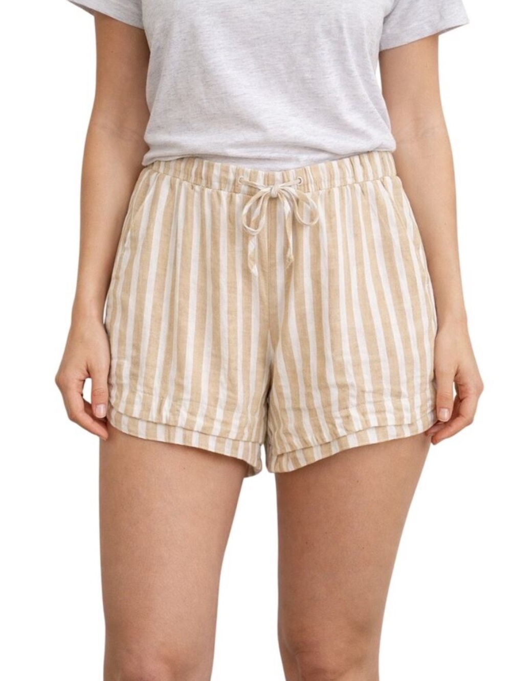 Universal Thread Beige and White Striped Drawstring Linen-Blend Shorts